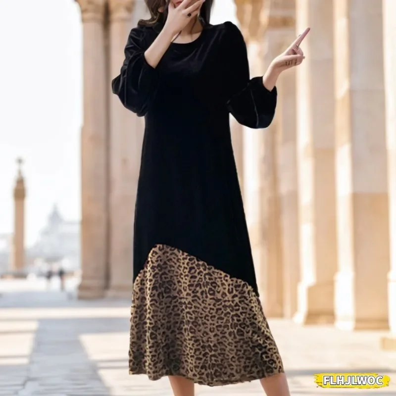 

Fashion Leopard Print Velvet Midi Dress Women Loose Casual Patchwork Ruffles Feminine Vesitos Dresses for Autumn and Winter