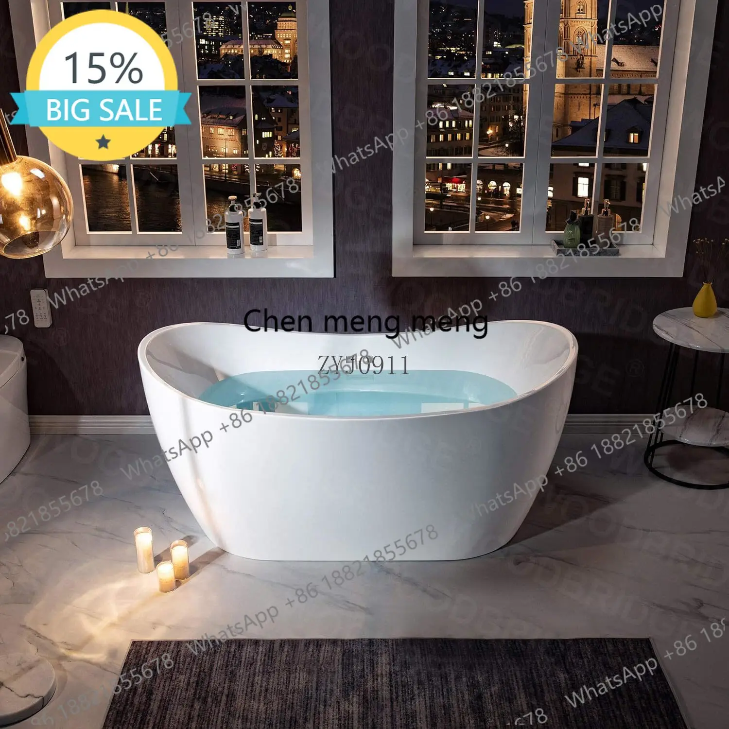 

L07 Acrylic Freestanding Bathtub Contemporary Soaking White Tub with Chrome Overflow and Drain Modern simple wind bath