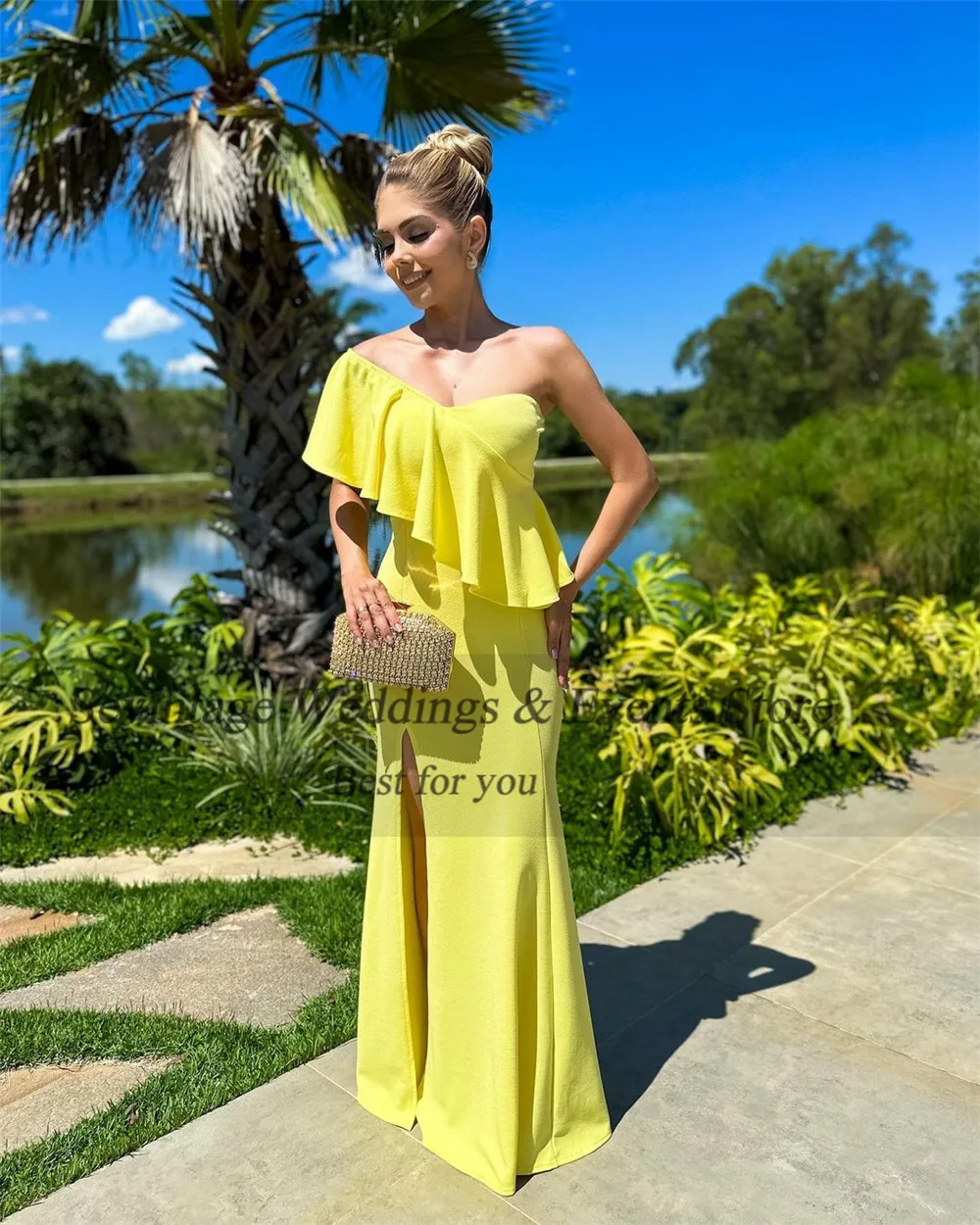 Sevintage Hearty Yellow Chiffon Prom Dress A-Line One Shoulder Pleat Ruched Formal Evening Dress Slit Floor Length Party Gowns