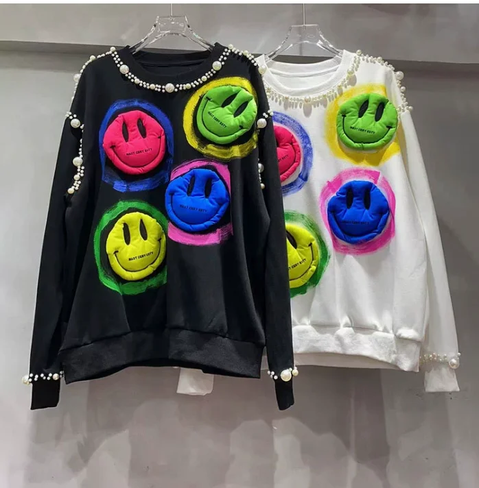 

Color Diamond Beads Cartoon Cute Pullover Hoodies Women's 2025 Spring Winter New Loose Oversized Casula Black Hoodie Coat