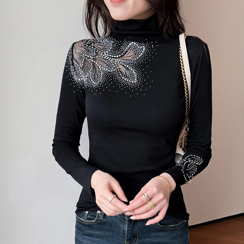 

European,Clothes,With fleece,T-Shirt,Chic,Sexy,Turtleneck,Patchwork,Lace,Hollow out,Diamonds,Women,Tops,Long Sleeve,Tees,511032