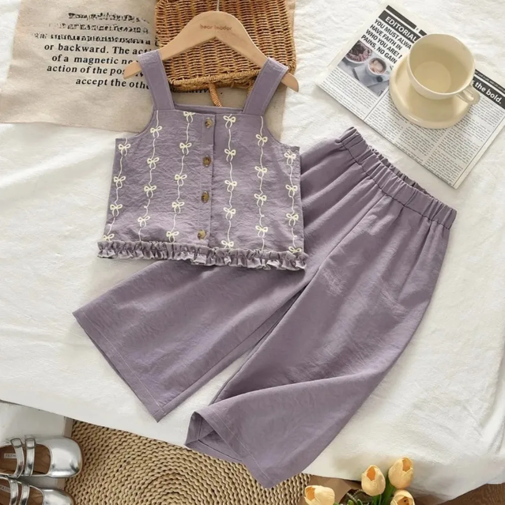 Purple Fashion Girls' Casual Suit with Bow Printed Strap Top and Wide Leg Pants Two Piece Set Korean Version
