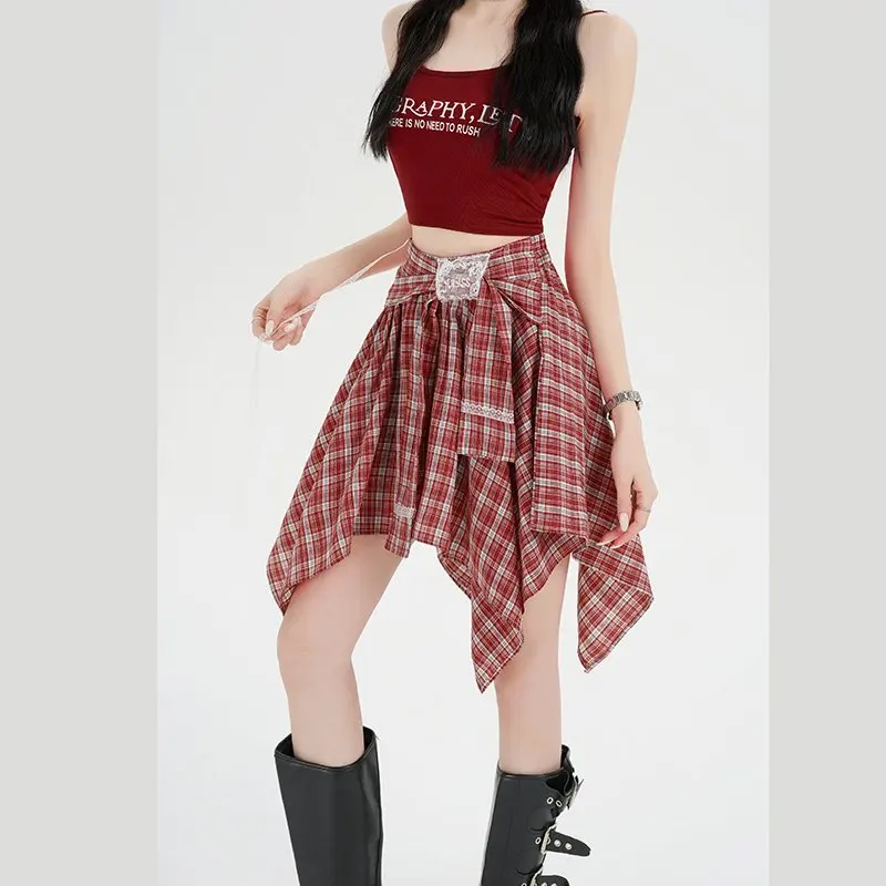 

Mini Skirts Women Plaid Skirt 2026 Goth Lolita Summer Bandage Design High Waist Ruffles Asymmetrical Splice Lace Short Skirt