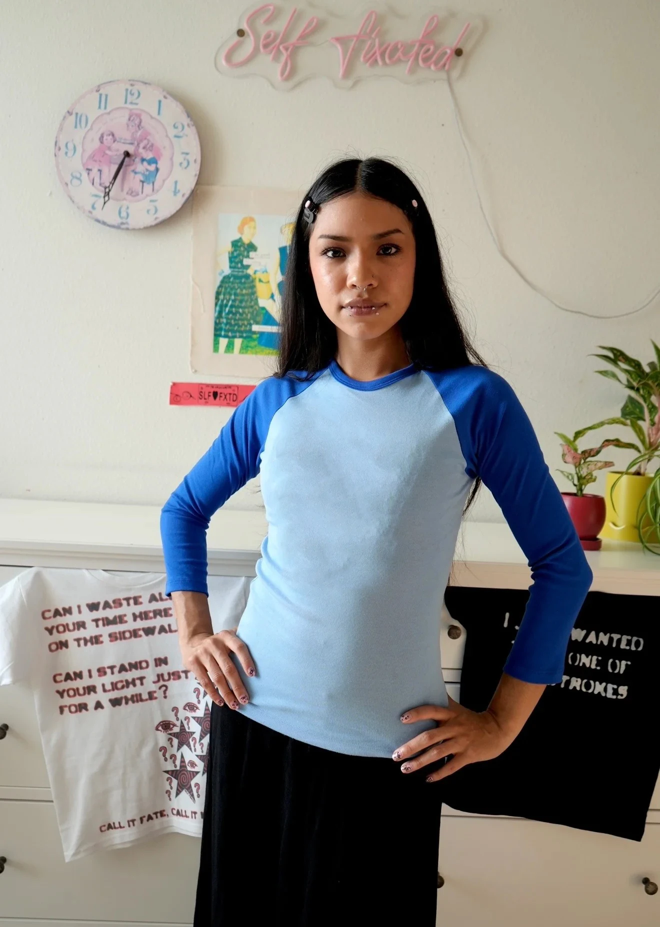 Long Sleeve T Shirt Womens Contrast Bule Round Collar Cotton Womens Casual Slim Fit Raglan T-Shirts Tees Tops