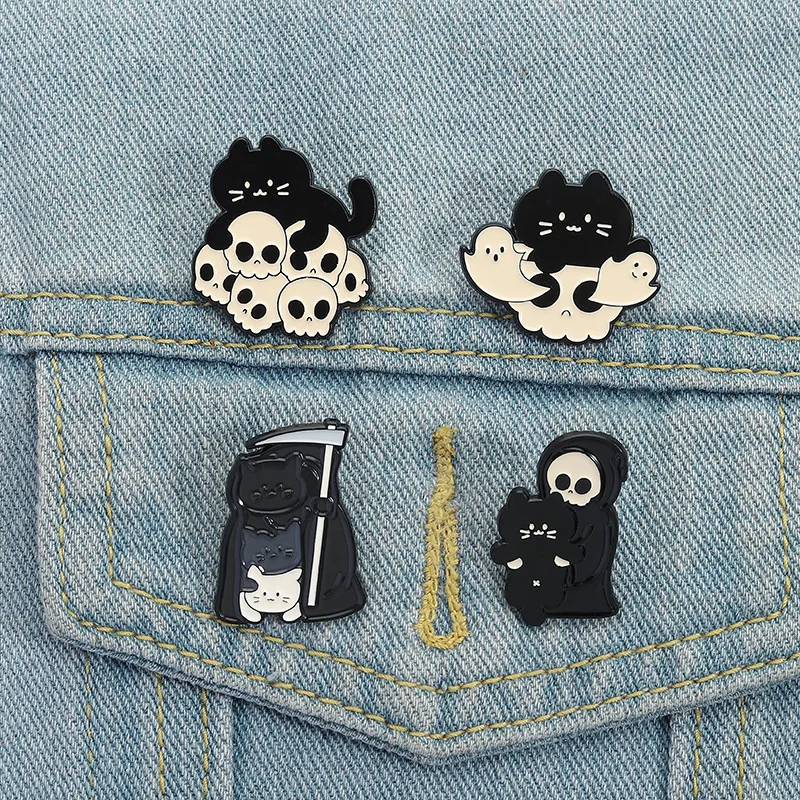 Creative cartoon cute Halloween skeleton cat Enamel Pins The Terrifying Halloween Reaper Series Badge Brooch Jewelry Gift
