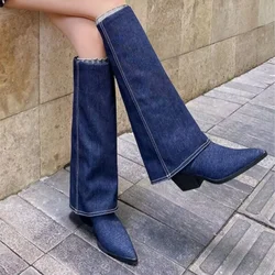 Autumn/winter New Pointed Toe Square Heel Trendy Elegant Ladies Model Fashion Boots Comfortable Catwalk Fashion Mid-calf Boots