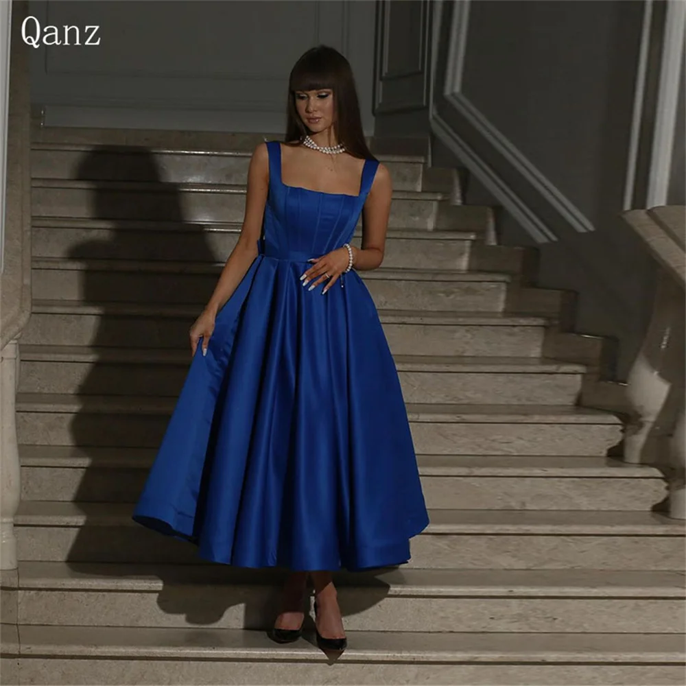 

Qanz Elegant Spaghetti Straps Evening Dresses Royal Blue Satin Backless Party Dresses Woman Tea Length Arabische Abendkleider