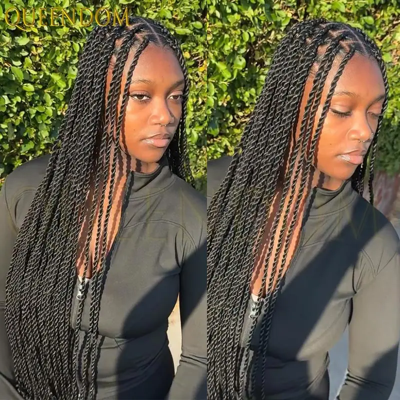 

36-дюймовые сенегальские крученые плетеные парики, синтетические полные парики спереди на шнуровке для чернокожих женщин, плетение волос без узлов с волосами ребенка