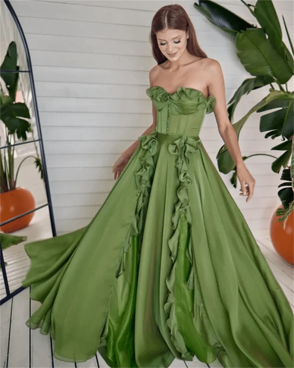 Cathy Green Strapless Chiffon Prom Dress Elegant Lace-up Back فستان حفلات الزفاف Sleeveless Side High Split Wedding Dress 2024