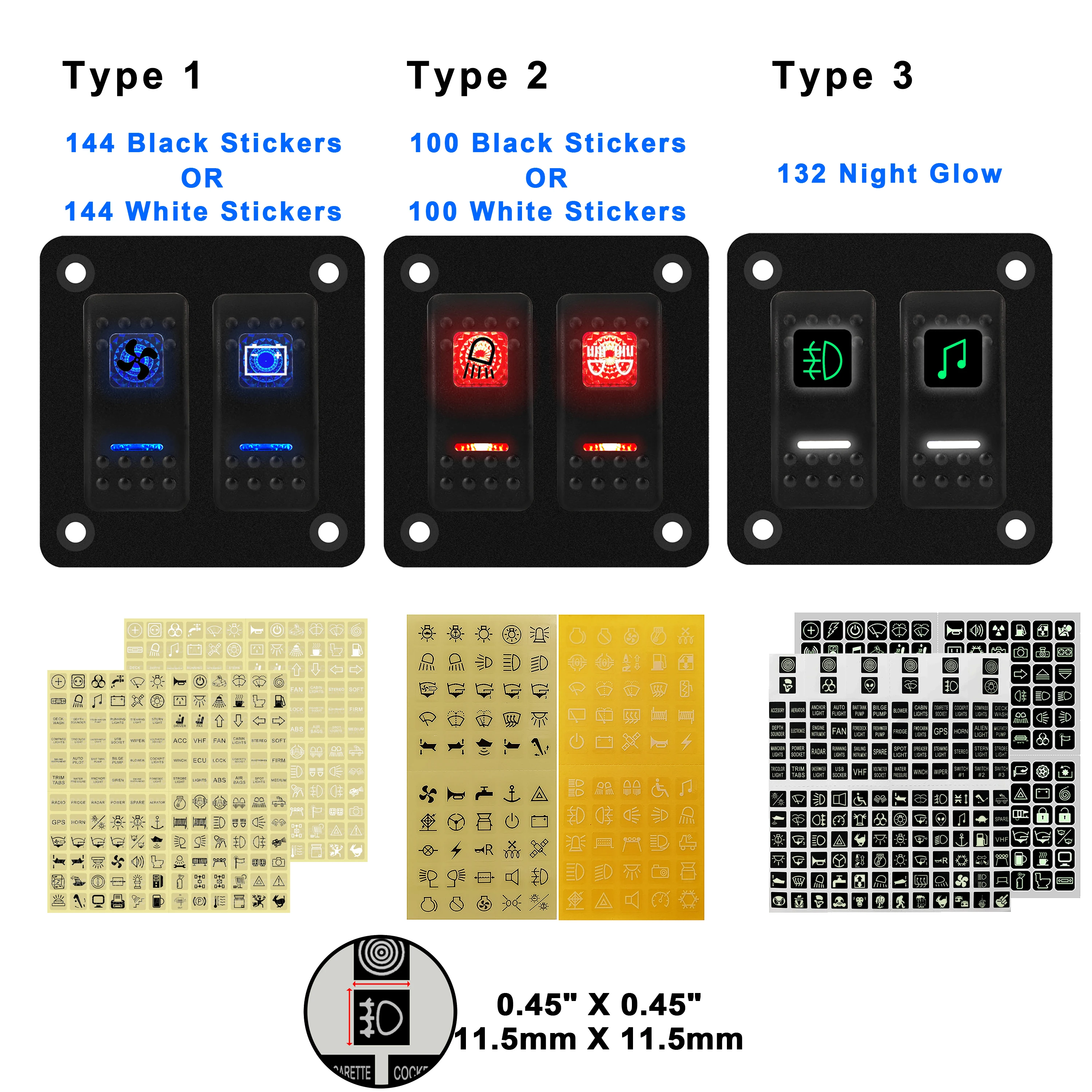 Black/Clear/Night Glow Rocker Switch Labels Stickers Logo For Marine Boat Truck Replacement Decals Decoration Car Accessories