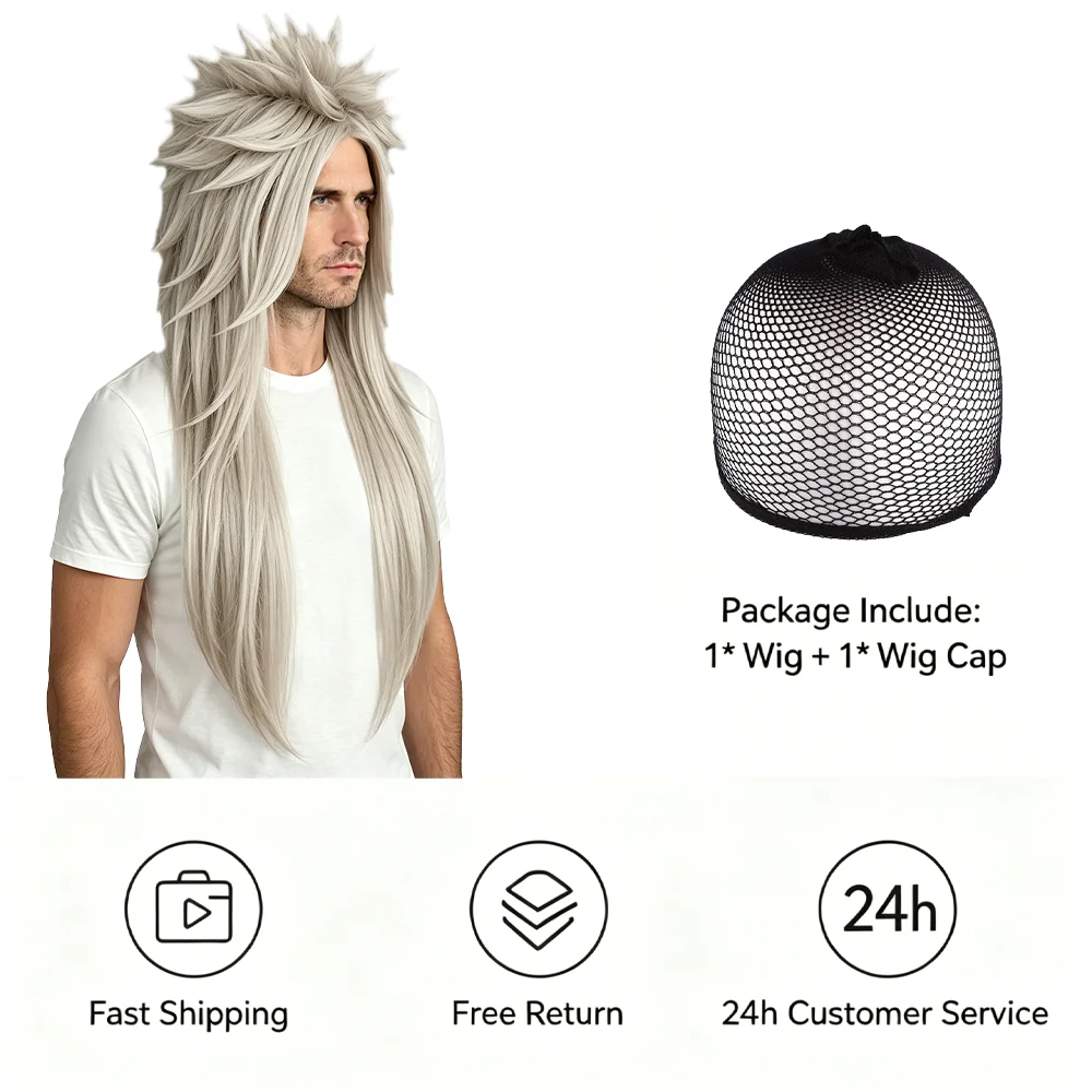 Light Ash Gray Spiky Long Straight Ponytail Cosplay Wig Unisex Heat Resistant Synthetic Anime Wig for Halloween Party Costume