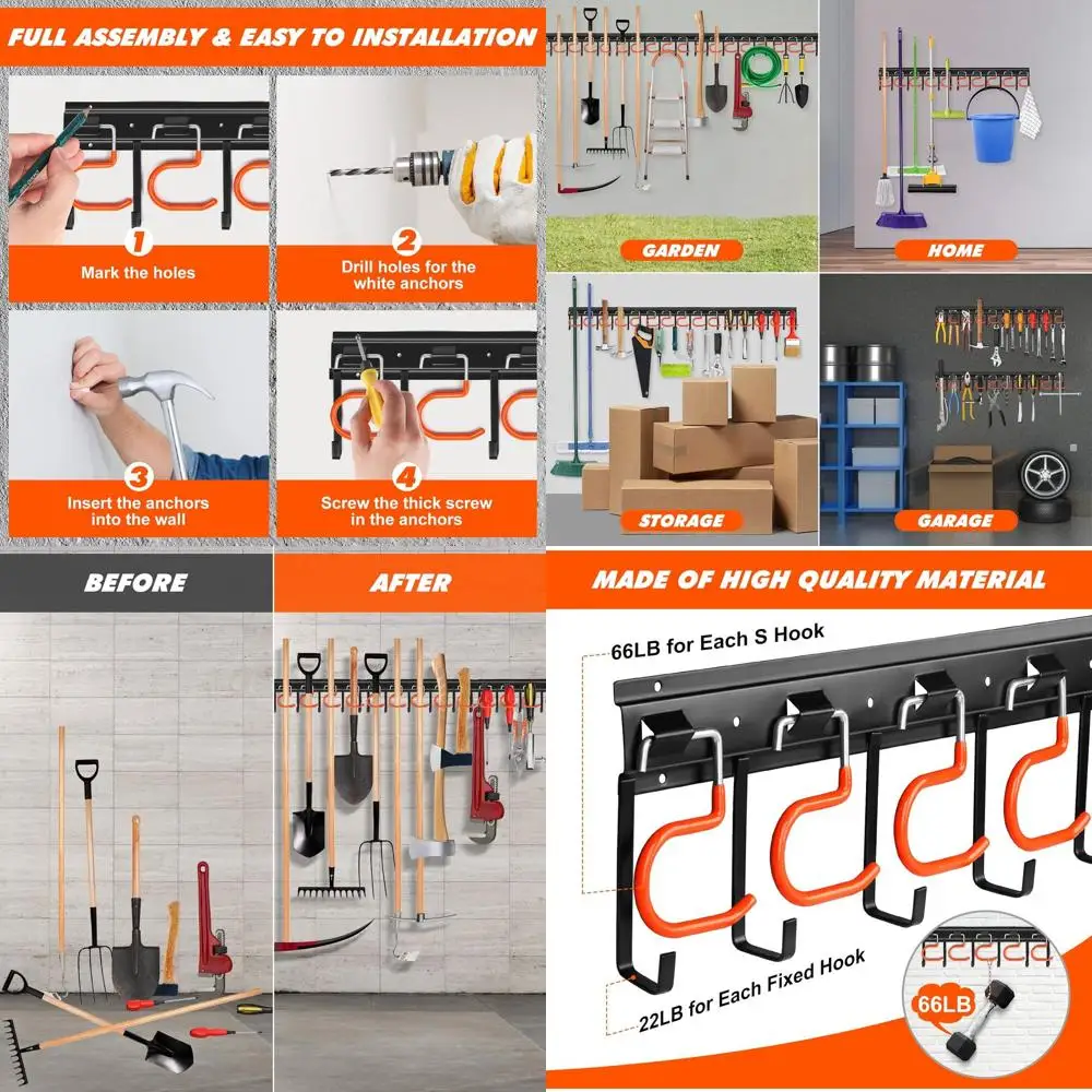 

Metal Garden Tool Organizer, Wall-Mounted Garage Storage with Hooks for Brooms and Tools