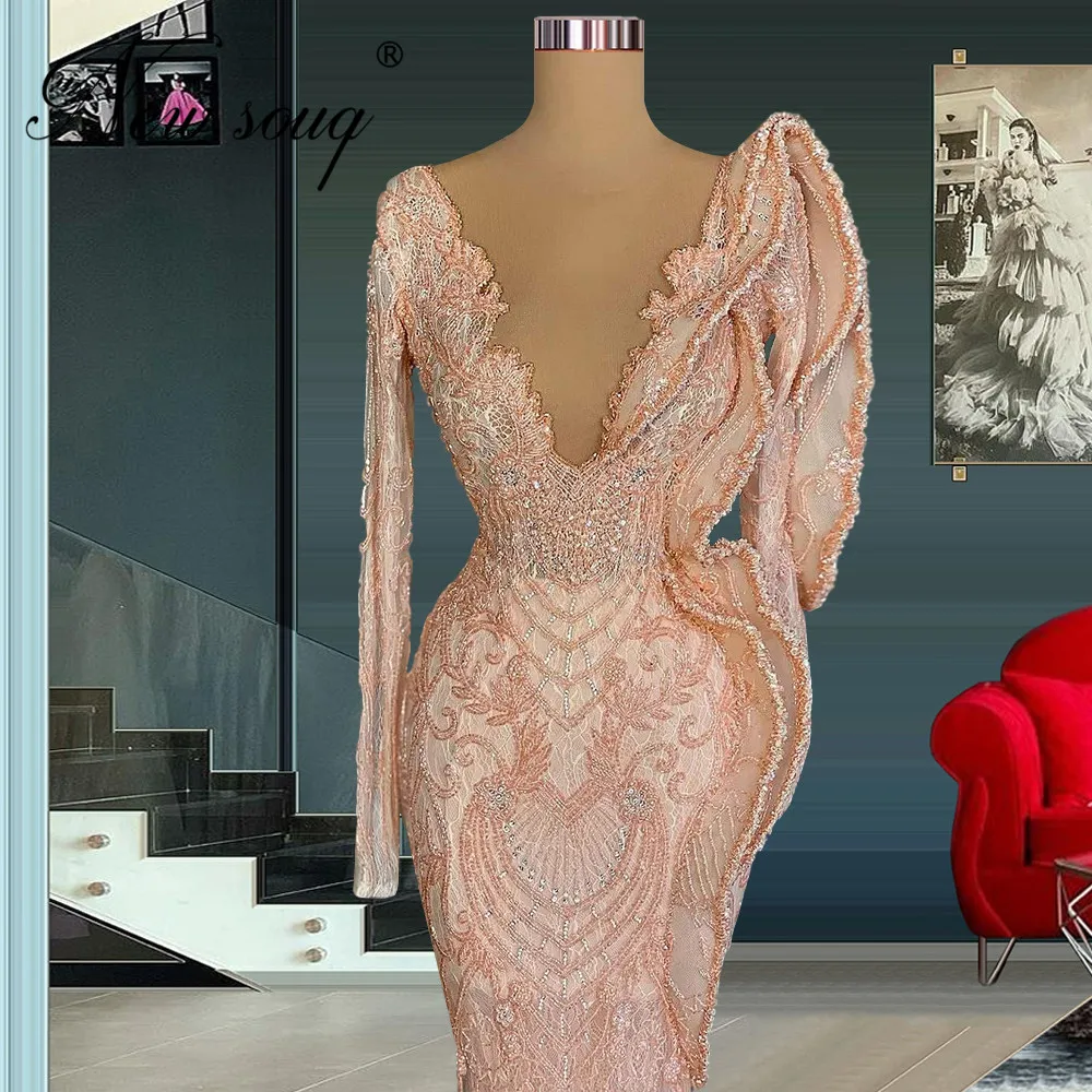 Abendkleider Pink Long Evening Dresses With Beads Robes De Soiree Middle East Women Crystals Prom Celebrity Dress Party Gowns