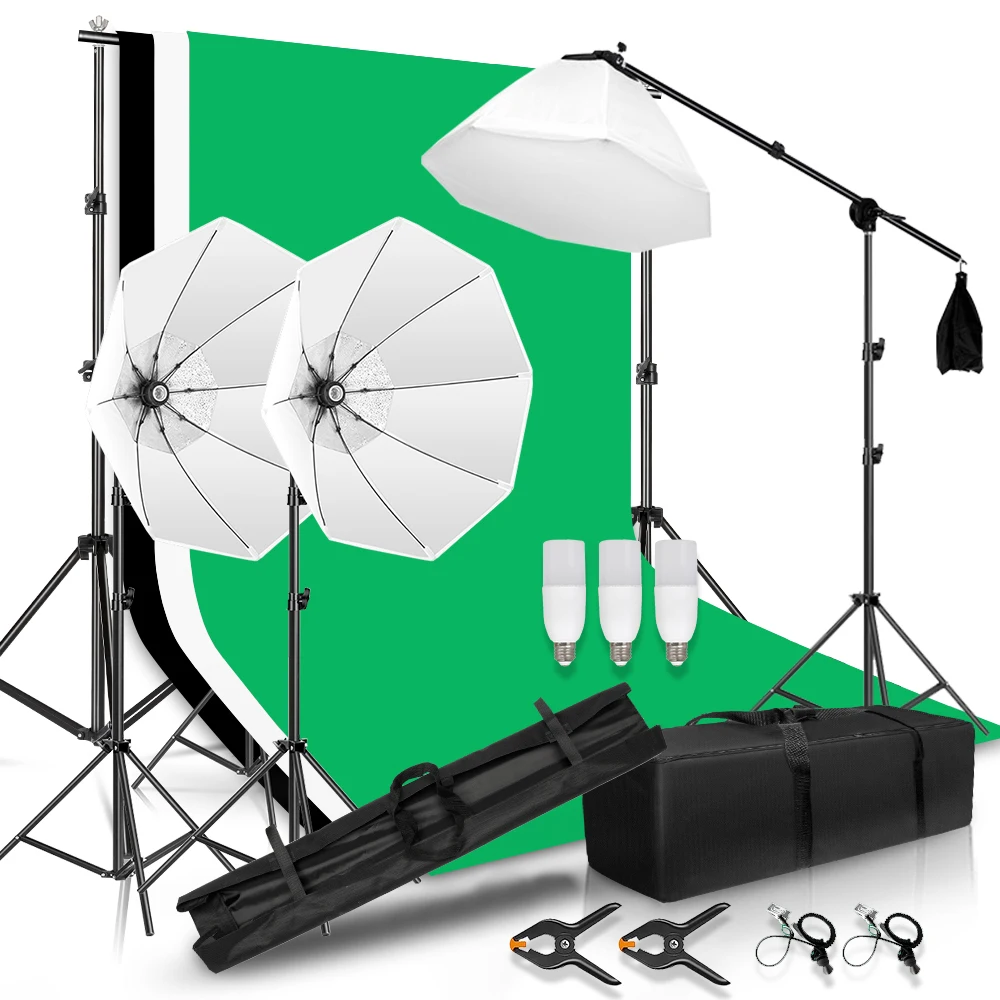 SH Photo Studio Lighting Kit 2x2M/ 2x3M/ 2.6X3M Background Stand With For Muslins Backdrop Cloth With Softboxes and Bulbs