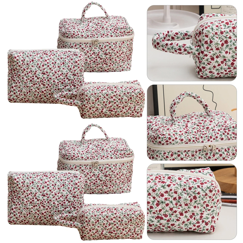 

3Pcs Floral Makeup Bag Cotton Quilted Makeup Organizer Storage Bag Large Capacity Skincare Bag with Zipper for Women and Girls