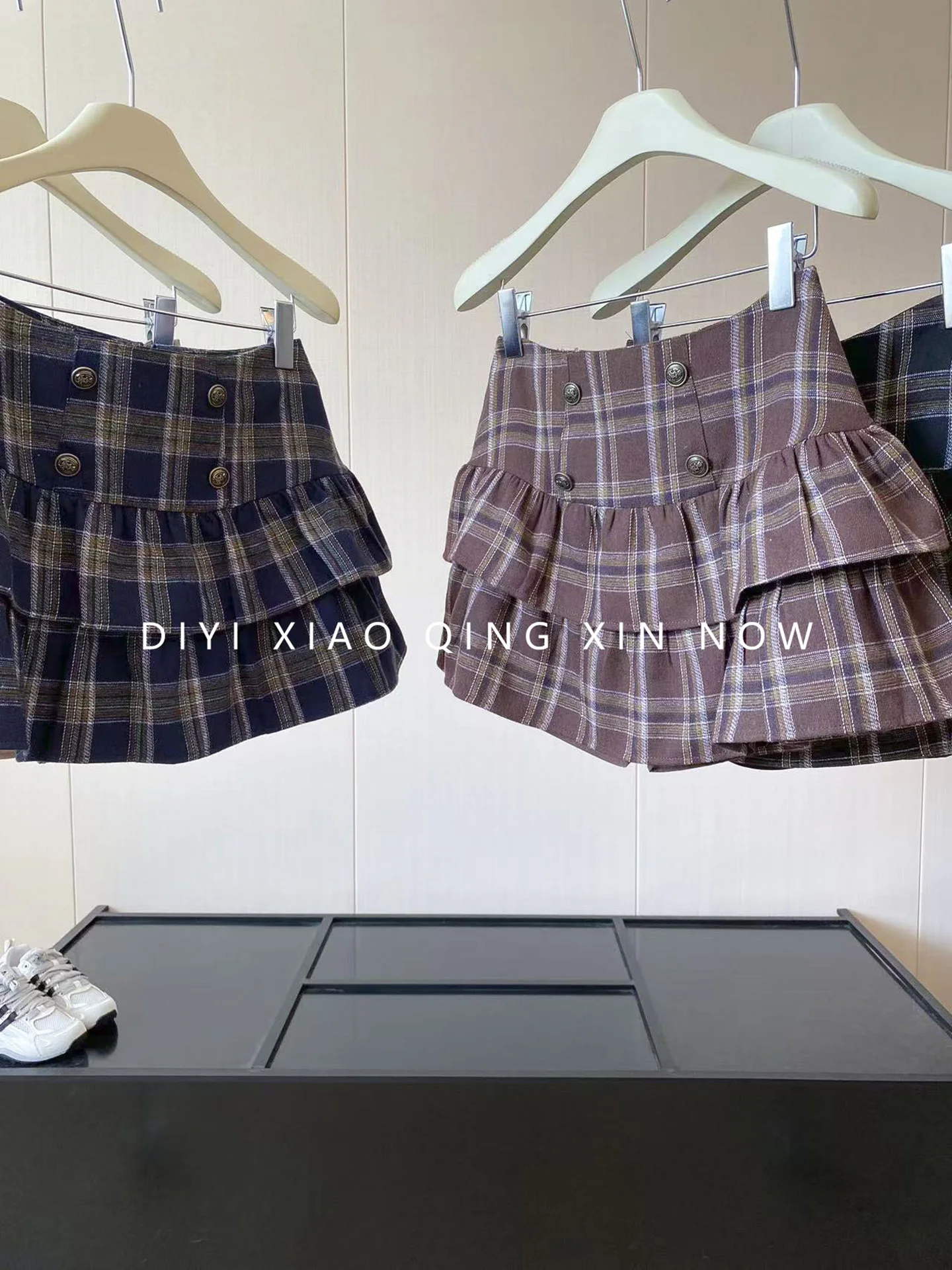 High Waist Plaid  Skirt Korean Retro Style Double Layer Cake Skirt Metal Buckle Hemline Heightening Woolen Half Body Shor...