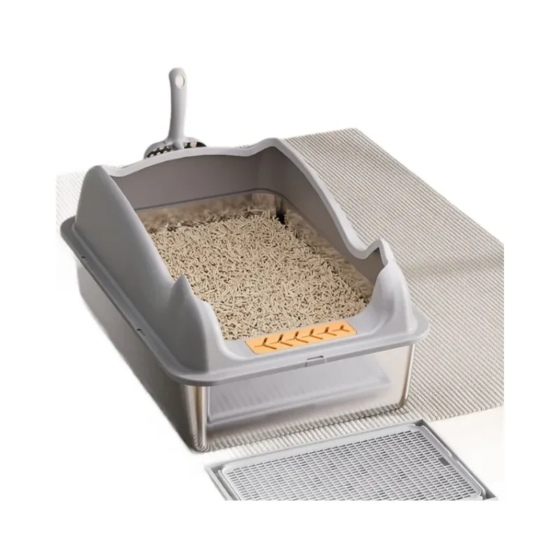 Large Stainless Steel Cat Litter Box Semi Open High Sided Anti Splash Thickened Easy Clean Pet Toilet