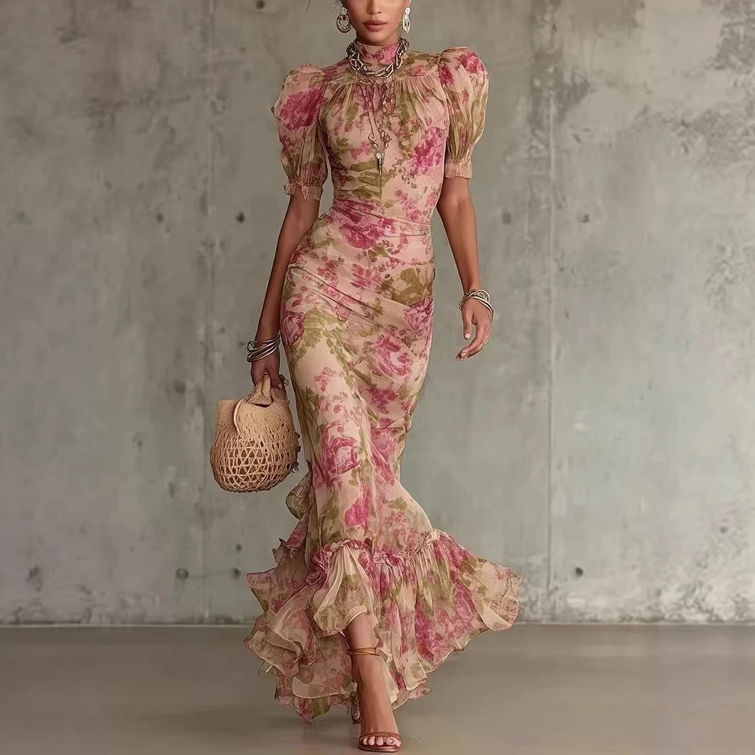 Boho Floral Chiffon Maxi Dress, Elegant High Neck Puff Sleeve Mermaid Gown with Ruffle Hem, Perfect for Evening Parties & Events