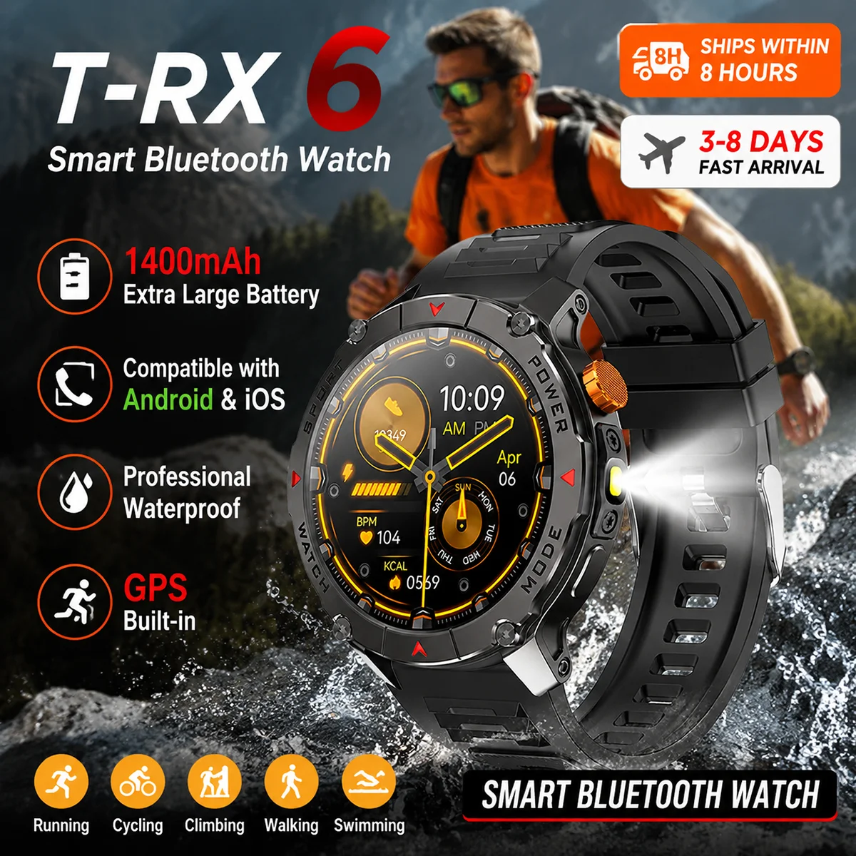 T-RX 6 Smartwatch 1400mAH Duży ekran, Bluetooth, połączenia telefoniczne, GPS, wodoodporny, sportowy smartwatch dla mężczyzn i kobiet, ekran AMOLED, monitor tętna i SPO2, opaska Ht22