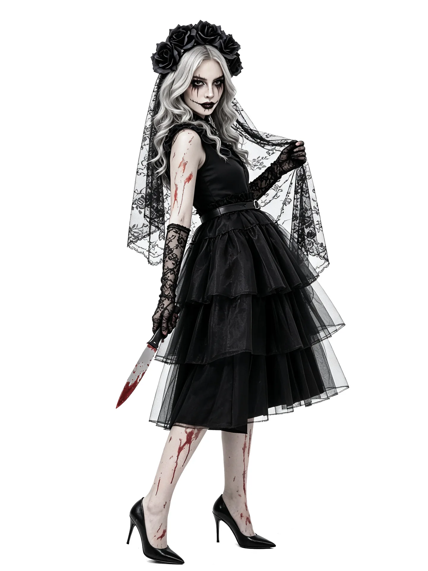 Damen Gothic Blutige Zombie-Braut Cosplay-Kleid mit Rosen-Schleier, Spitzenhandschuhen, Halloween, dunkler Horror, Bühnen-Rollenspiel, Kostüm – Detail 6