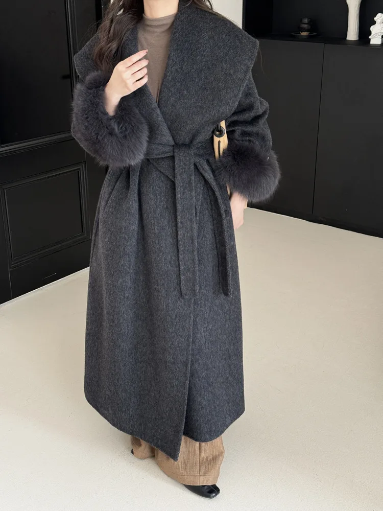 BZVW Fox Hair Double Sided Woolen Coat Women's Big Lapel Long Sleevers Belt Gathered Waist Back Split Coats 2025 New 25Z1956