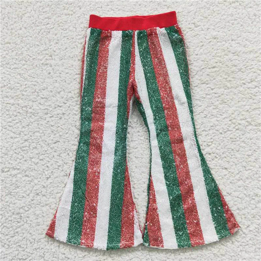 

P0199 Wholesale boutique girls pants red and green sequin pants Wide leg pants baby girl clothes