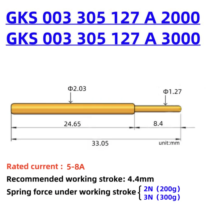 100PCS Ingun Test Probe Test Pin GKS003305127A2000 A3000 2.0*33mm Round Head J Head Needle Seat Socket Tube KS-003 30G P125-J