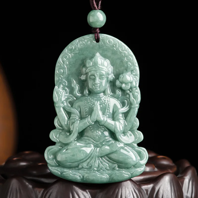 

Real Natural Pea Green Jade Four Armed Guanyin Pendant Necklace Jadeite Carved Jewelry Fashion Amulet Gifts Certificate