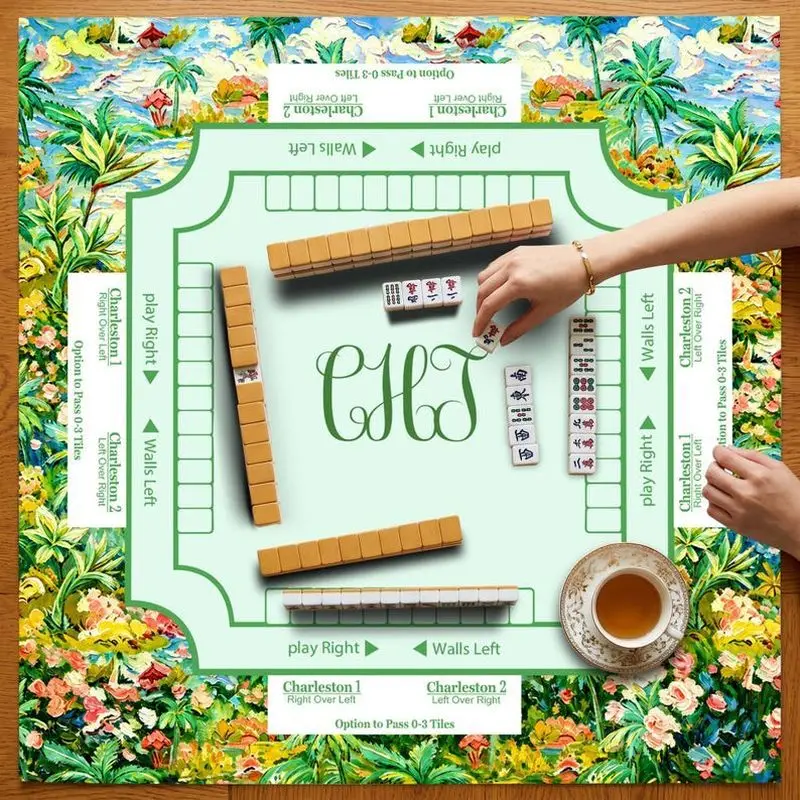 VIKAMA Mint Green Tropical Island Floral Mahjong Mat Multi Rule Zoned Non Slip Vacation American Mahjong Pad