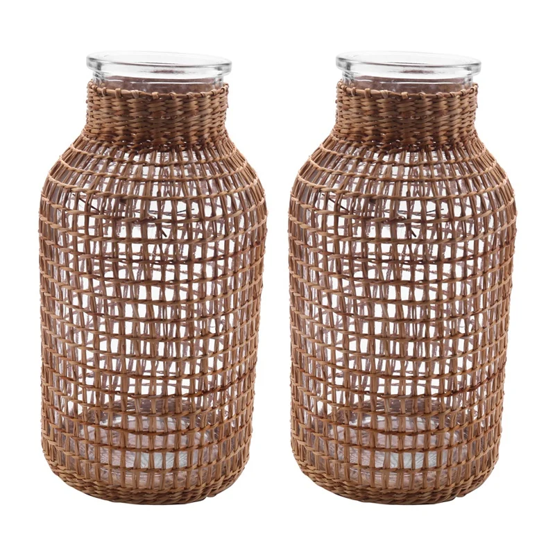 2X Straw Glass Flower Vase Japanese Flower Pot In The Nordic Contracted Creative Flower Basket To Water Plants -L