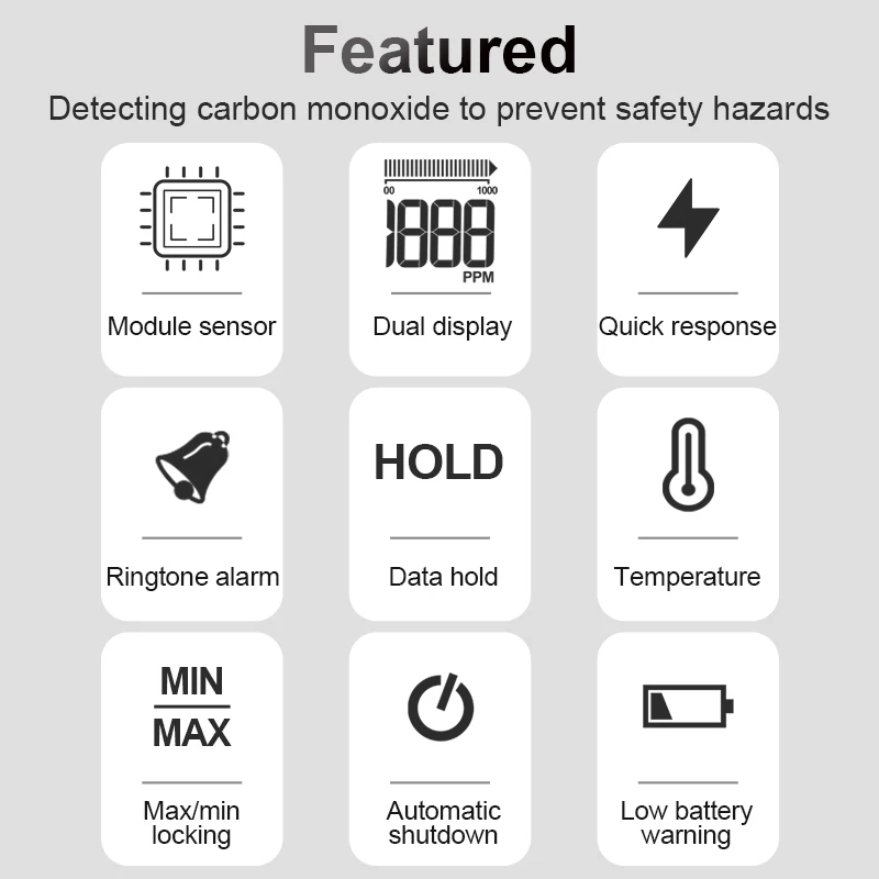 Portable Carbon Monoxide Detector CO Detector with Audible & Visual Alarm 0-1000PPM High Precision CO Gas Tester LCD Display