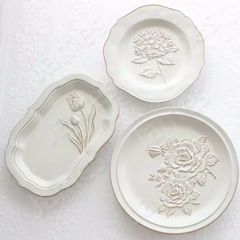 Vintage Style Dinner Plate Tulip Relief Ceramic Plates Steak Pasta Dishes Cake Dessert Salad Tableware Set Household Use Plates