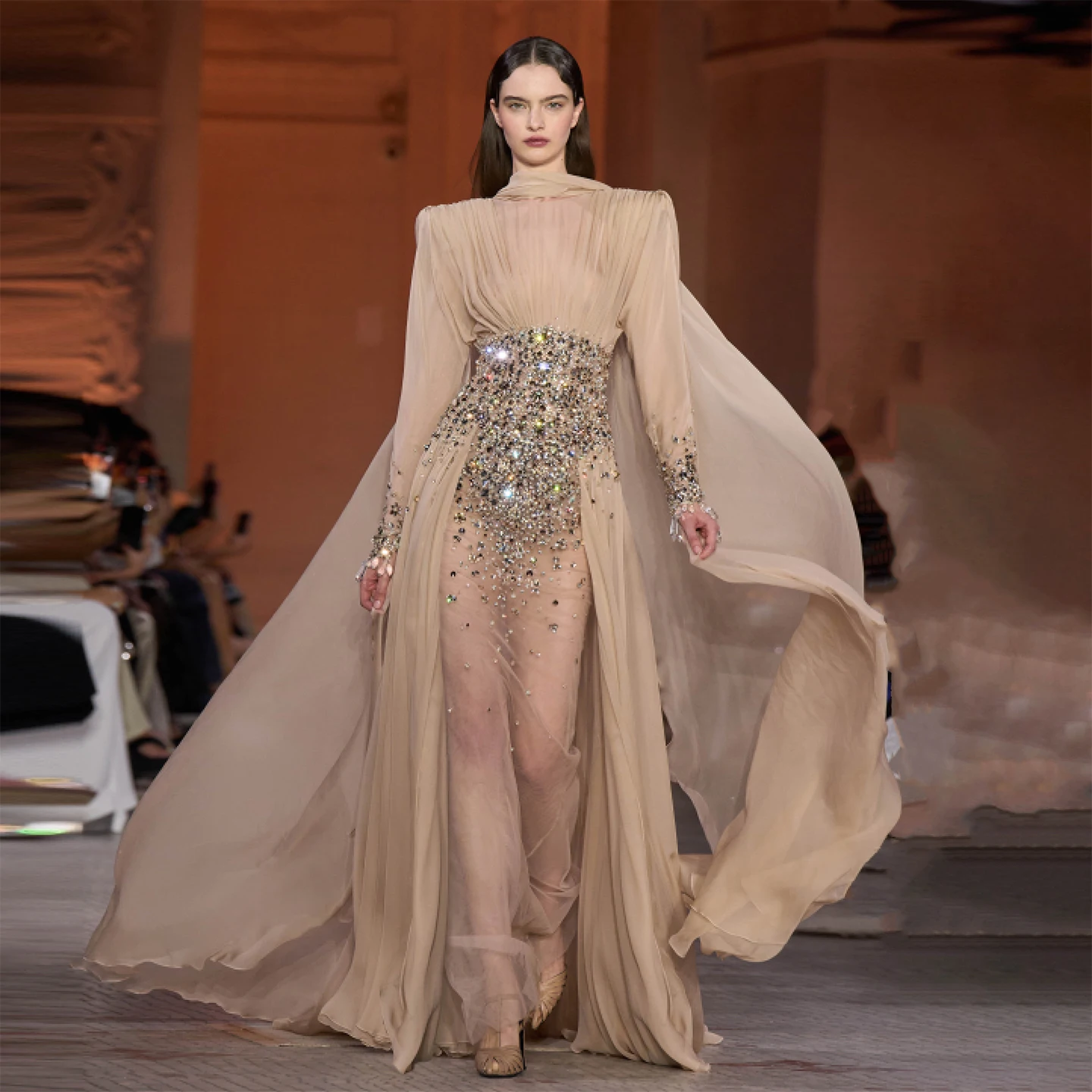 Sharon Said 2026 Dubai Elegant Champagne Chiffon Evening Dress with Heavy Crystal Women's Formal Evening Gowns SS533 Customize