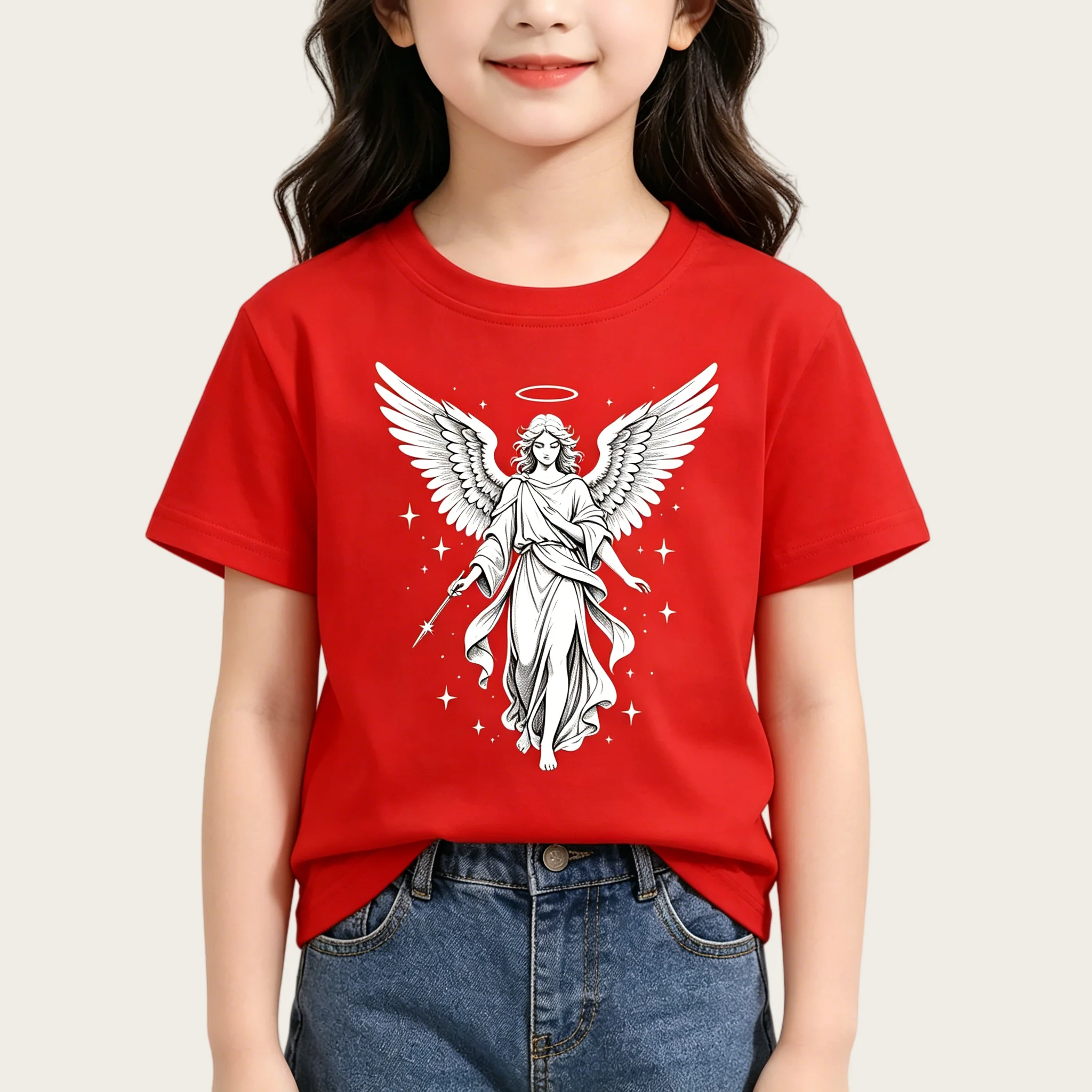 Cute Angel Print Kids Casual Short Sleeve T-Shirt Cotton Soft Breathable Machine Washable for Outdoor Sports Daily Play