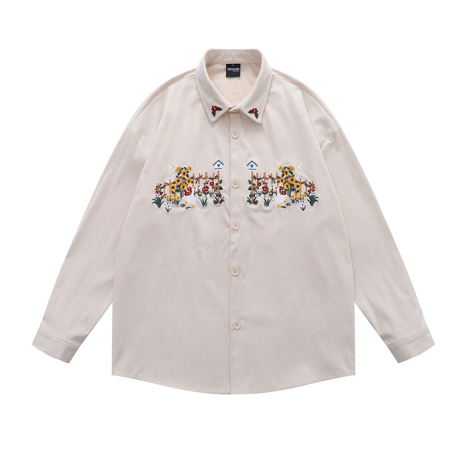 

Autumn Men's Corduroy Long Sleeve Shirt Hip Hop Flower Embroidery Loose Fit Versatile Button Down Dress Shirt Unisex Streetwear