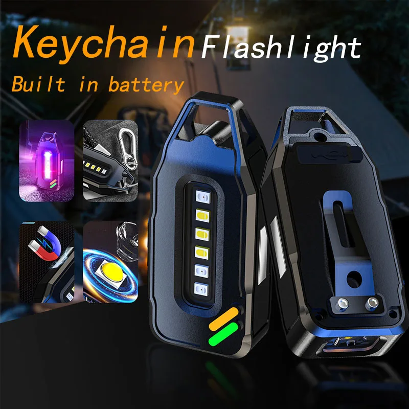 Mini Keychain LED Flashlight Type-C Rechargeable 9 Modes COB Flood Lantern Super Bright Outdoor Emergency Maintenance Torch