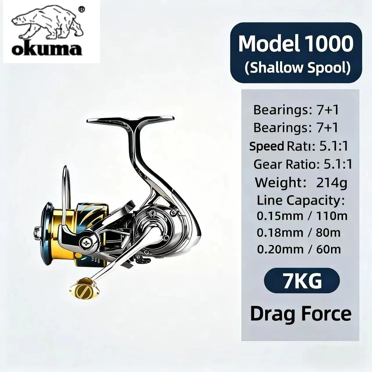 OKUMA 1000-7000 Vollmetall-Spinnrolle 7+1 Lager 5.1:1 Übersetzungsverhältnis 5KG Max. Bremskraft Universelle Köderrolle für Meer- und Süßwasser – Detail 26