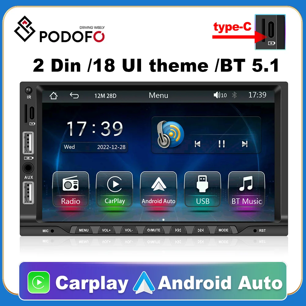 

Podofo 2 Din Car Radio 7" HD Carplay Android auto Player 2DIN Touch Screen Auto audio Car Stereo MP5 Bluetooth USB TF FM Camera