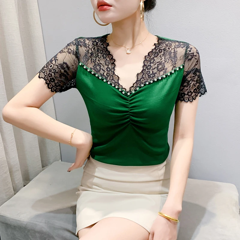 2025 été nouvelle mode Patchwork dentelle chemise à la main perlée femmes t-shirt mince coréen à manches courtes décontracté hauts