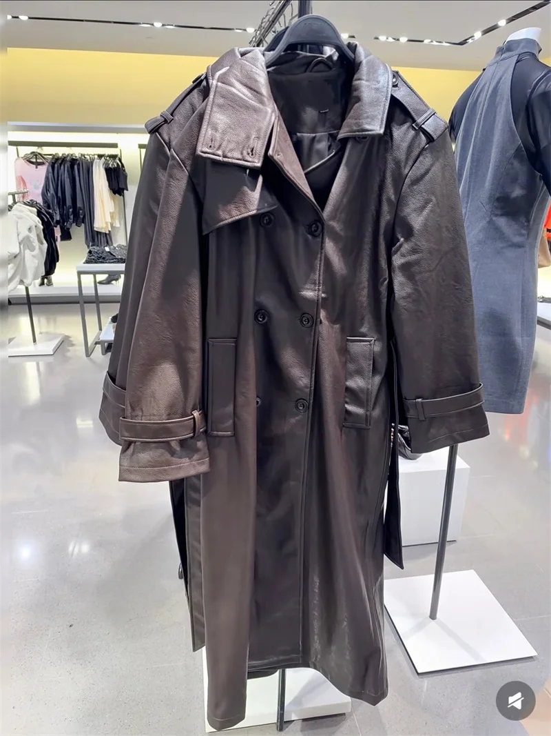 Guobioziy Women's Jacket 2026 Autumn New Arrival, Stylish Versatile Long-Sleeve Stand Collar Leather-Effect Long Trench Coat