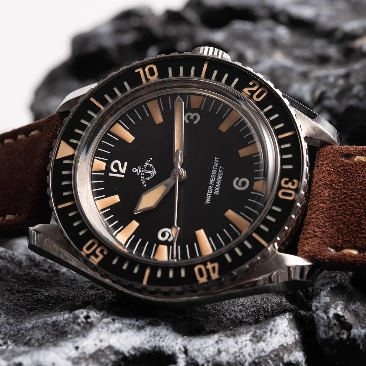 Hruodland F025 Retro Sport Men Watches HZ2565 Automatic Mechanical Stainless Steel Brown Leather Strap Diving Wristwatch