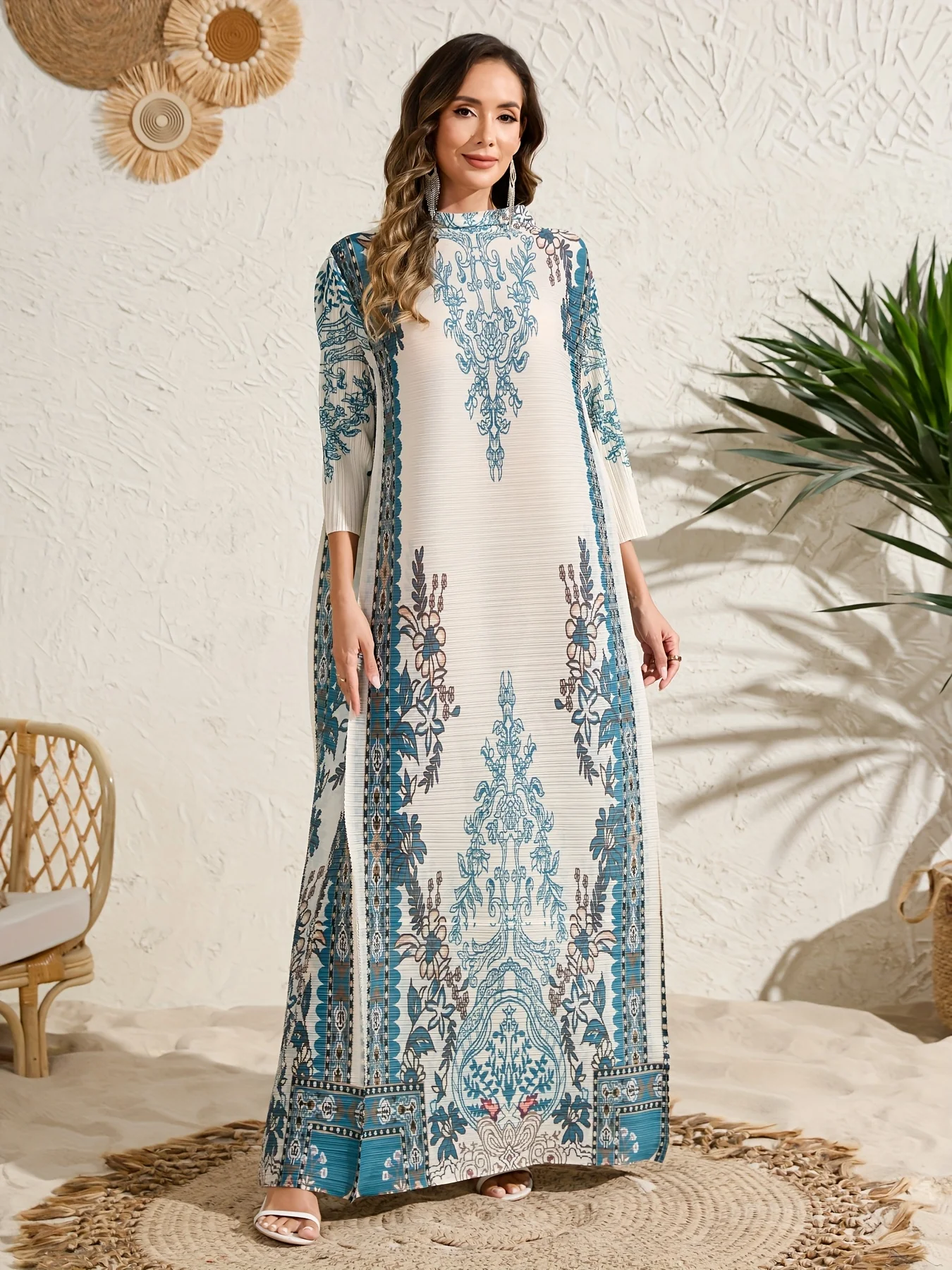 

KAF Arab Women Dress 2025 Autumn New Retro Printed Round Neck Long Sleeved Fashionable Elegant Evening Dress Banquet Clothing