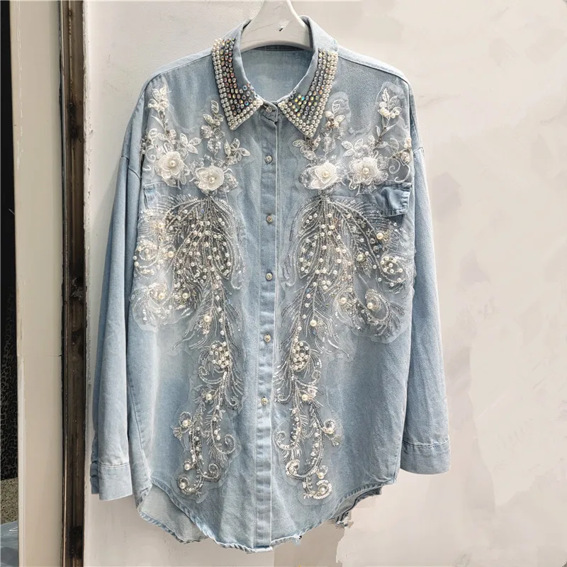 

Women's 2025 Fall Embellished Denim Shirt Heavy Beading Lapel Western Top Long Sleeve Casual Blouse