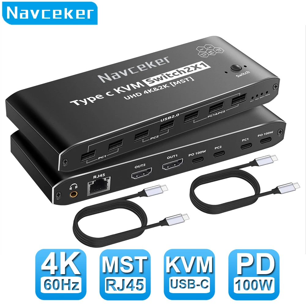 

Navceker 2x2 4K 60Hz Thunderbolt 4 USB C KVM-переключатель с двойным монитором RJ45 100 Вт PD-переключатель с зарядкой типа C KVM для 2 ноутбуков 2 монитора