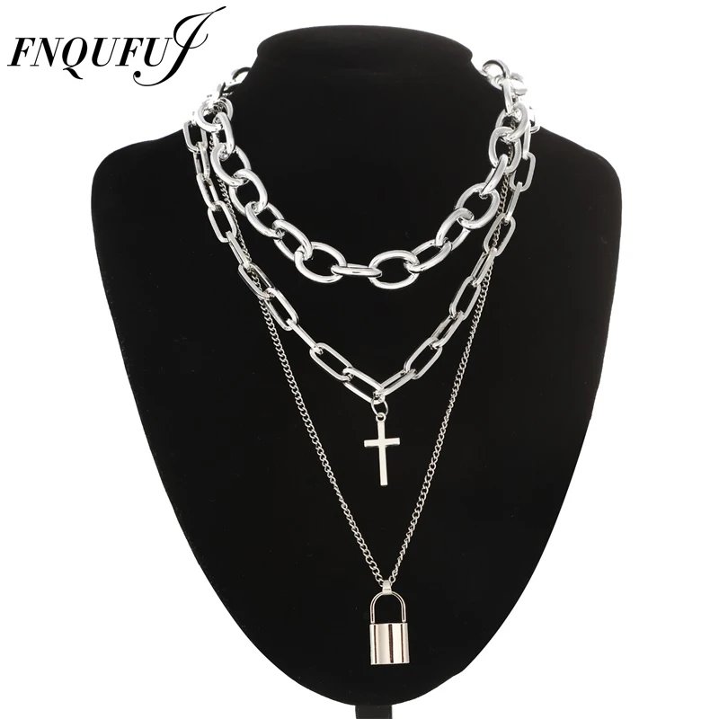 FNQUFUJ Layered grunge aesthetic jewelry  punk chain necklace for women men lock cross pendant  choker  chains goth accessory