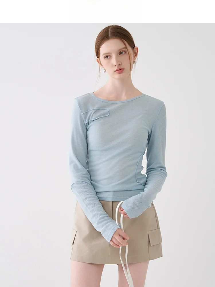 

Синяя лоскутная приталенная футболка Long Sve, женская повседневная футболка, весна 2026, новый дизайн, дышащая эластичная основа irt