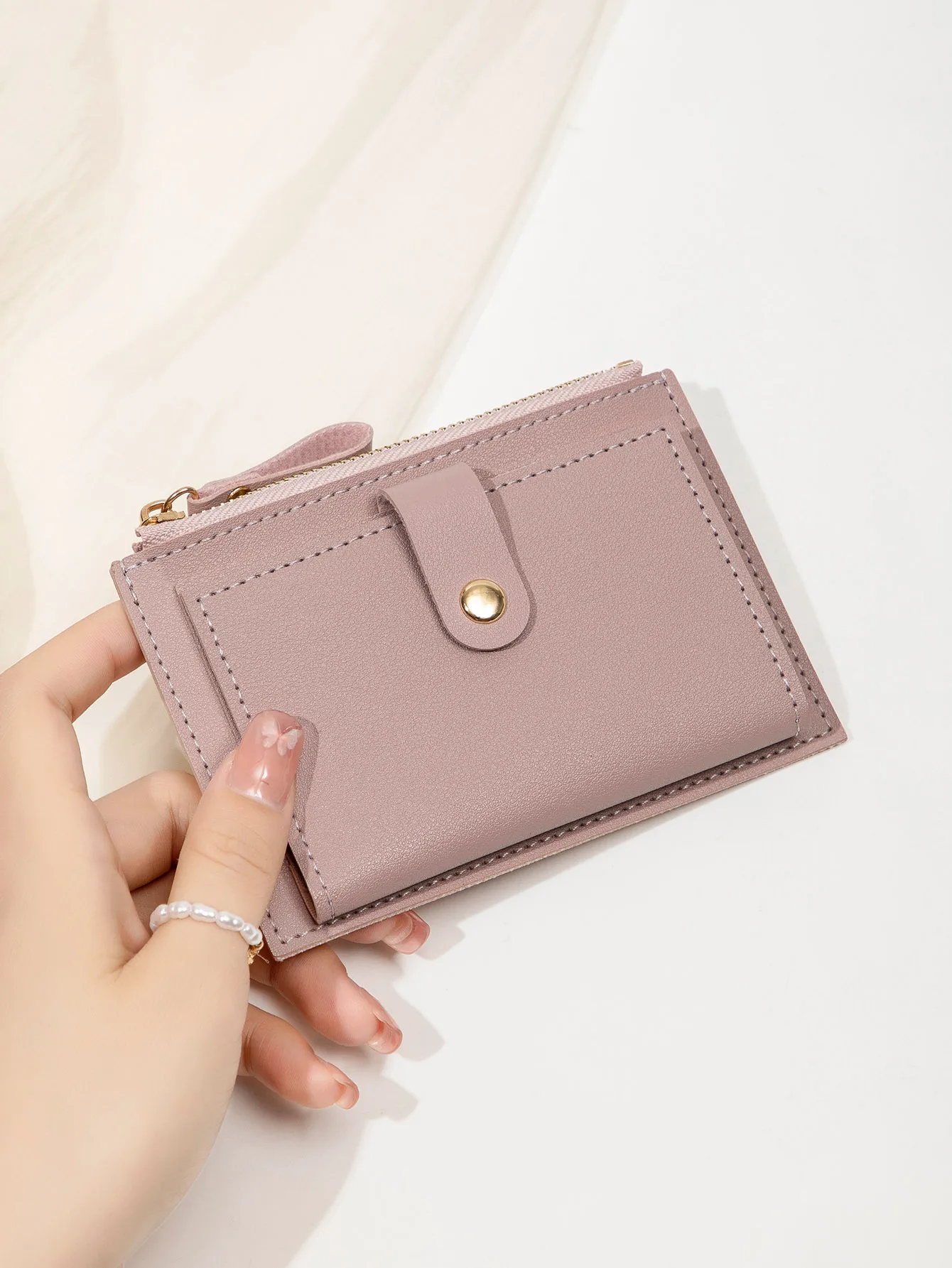 Fashionable Simple and Ultrathin Women's Short Wallet Lightweight Portable ID Card Credit Card Holder Bifold Zipper Small Wallet