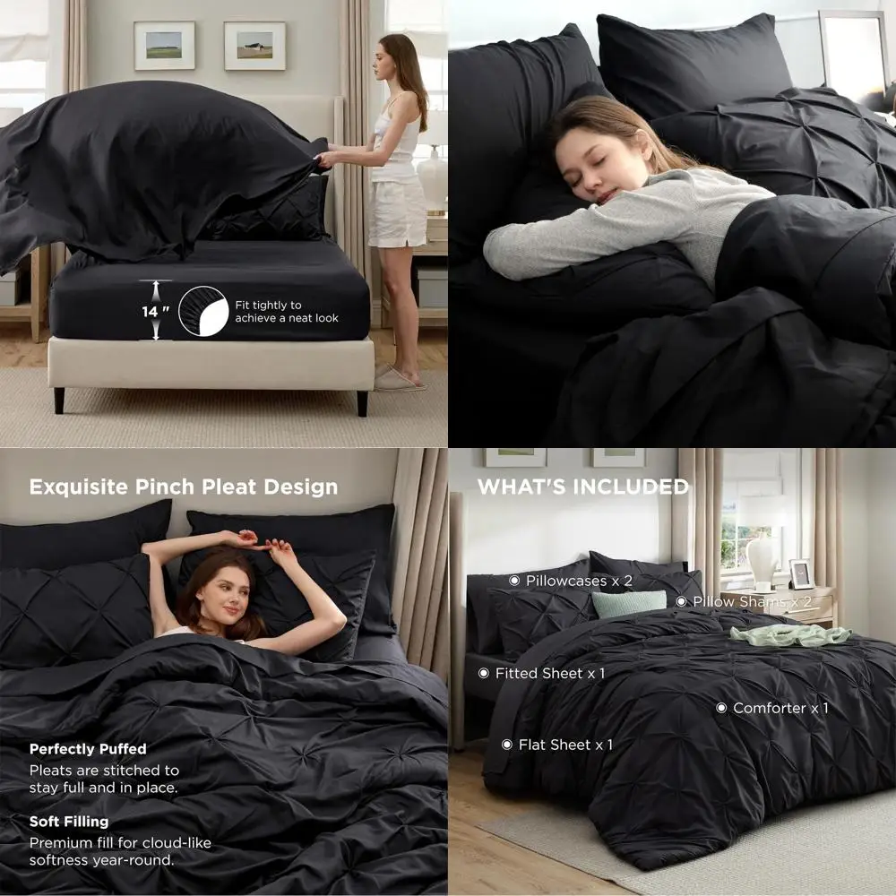 

Черный комплект постельного белья King Size - 7 предметов с дизайном складок-плиссе, включая простыни, наволочки и декоративные наволочки.