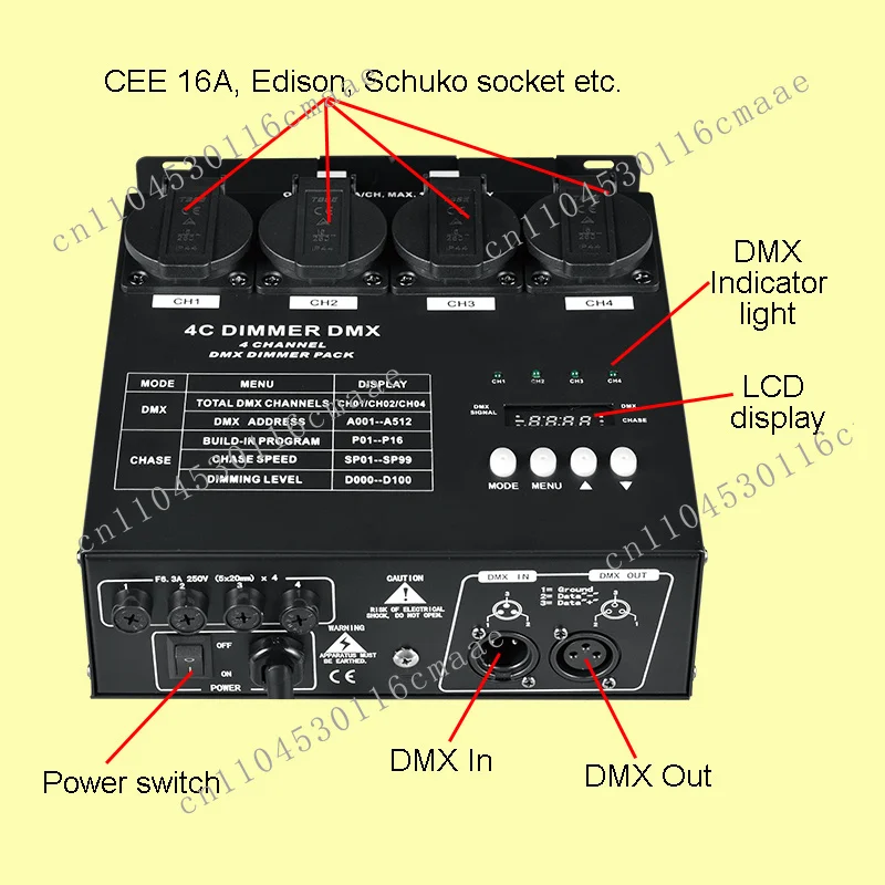 4-Channel DMX dimmer power splitter for efficient lighting control of bulbs