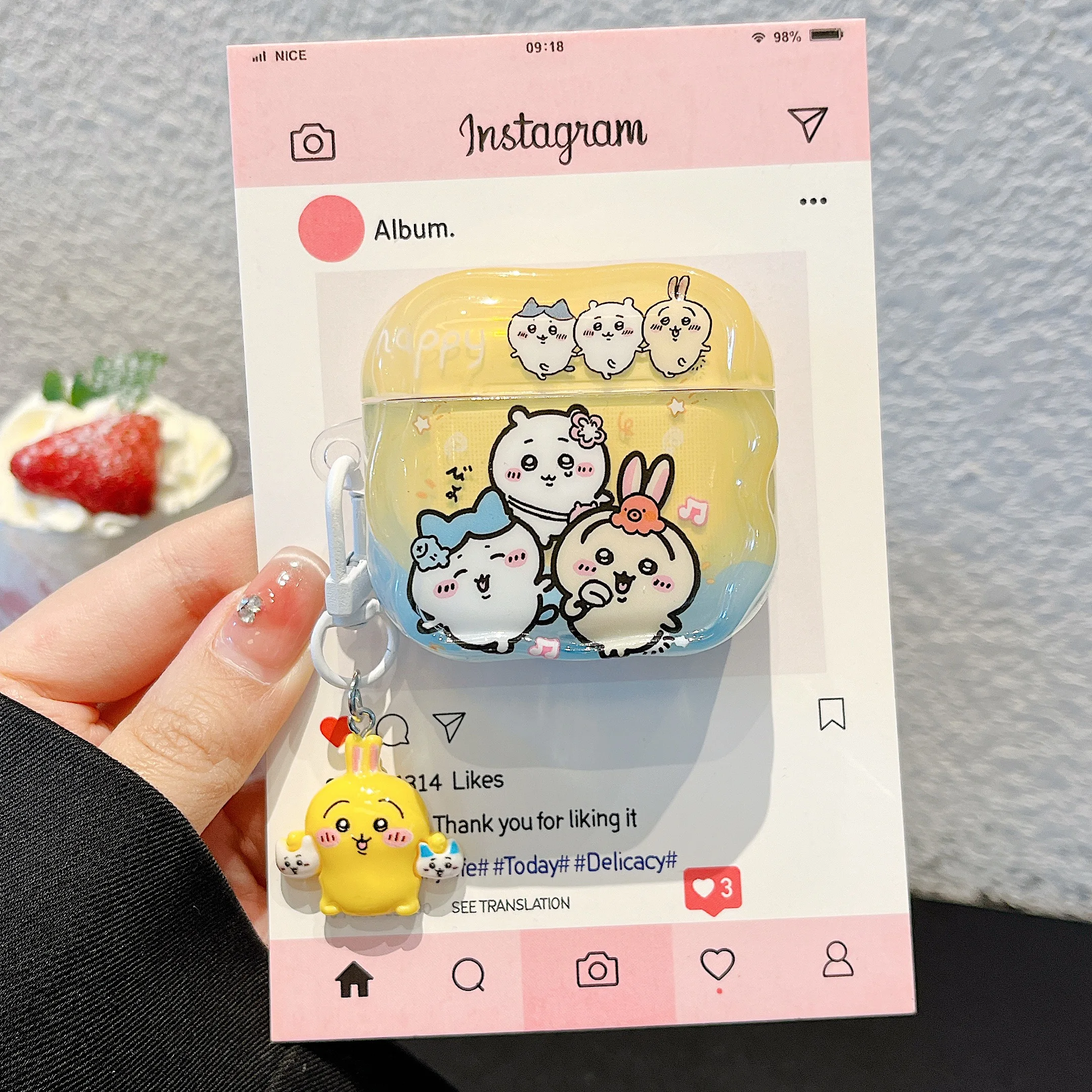 موجة حافة نمط Chiikawa & Hachiware & Usagi Muster مع قلادة سماعة الرأس ل Airpods 2 1 4 3 Pro 2 غطاء مقاوم للخدش